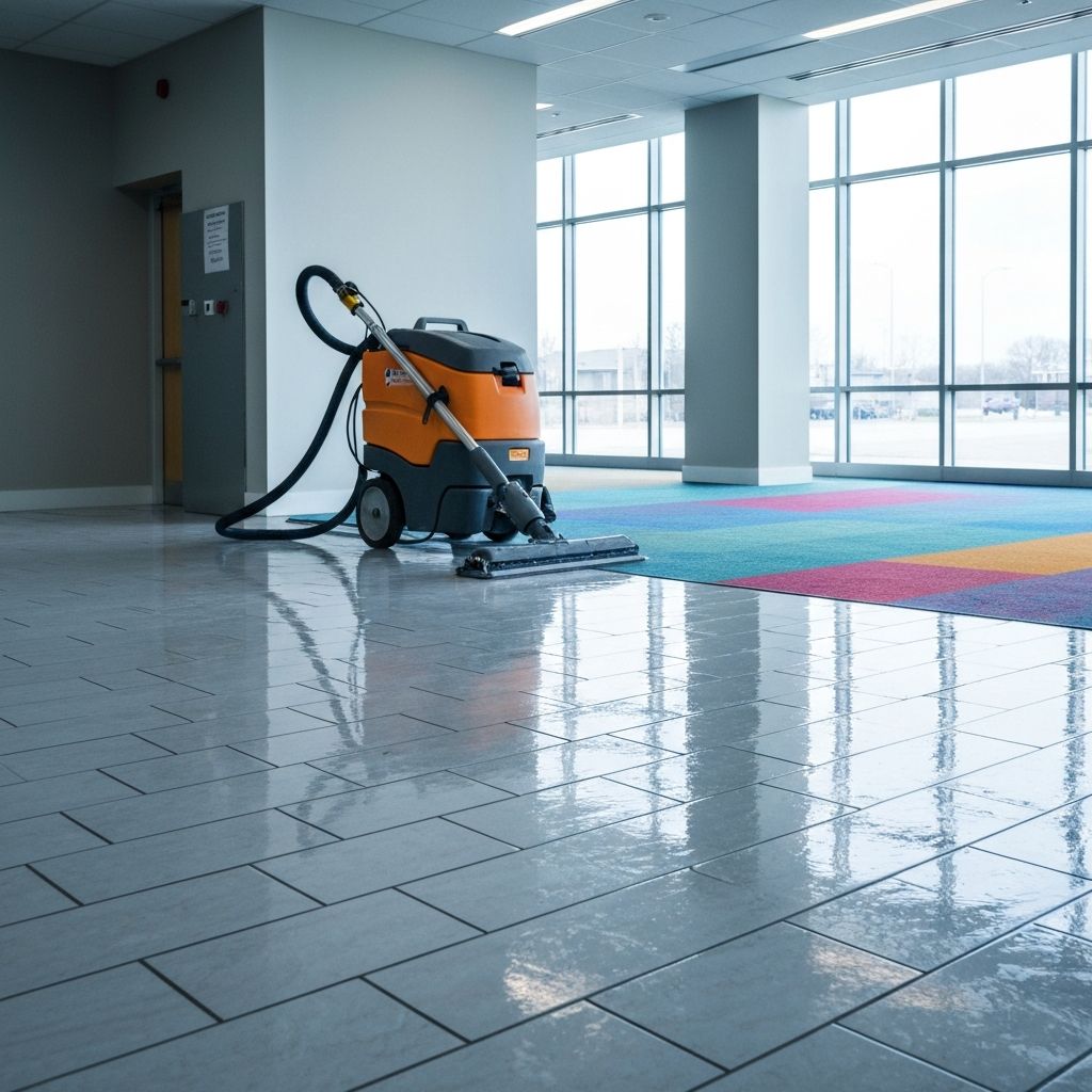 Freshly cleaned commercial carpet and polished floor tiles in a commercial building