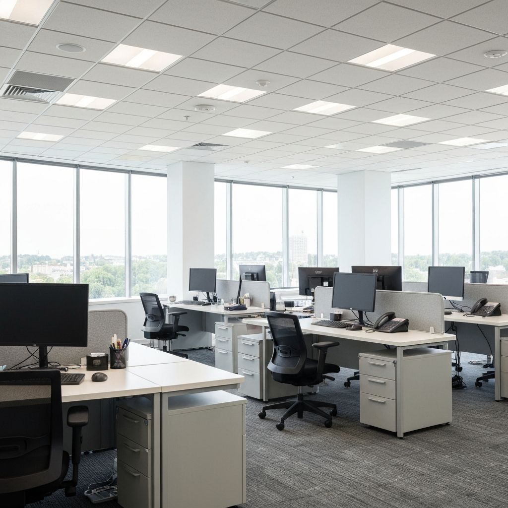 Clean, modern office workspace with polished surfaces and tidy workstations