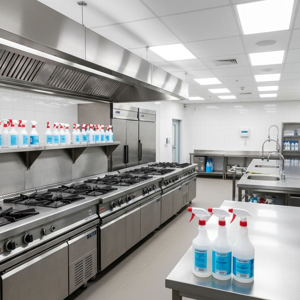 Sterile, professionally sanitised commercial kitchen environment with clean surfaces